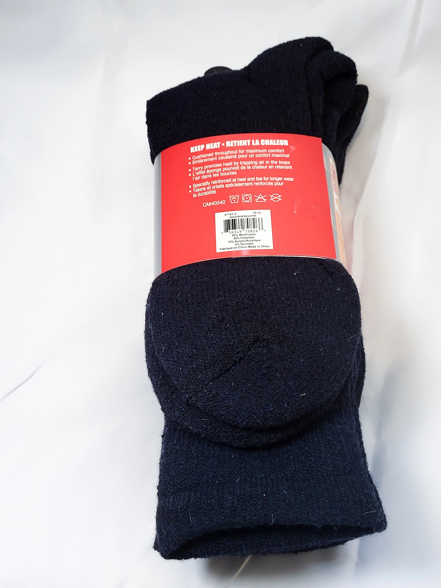 45% Wool thermal sock, 2 pairs per pack assorted colors