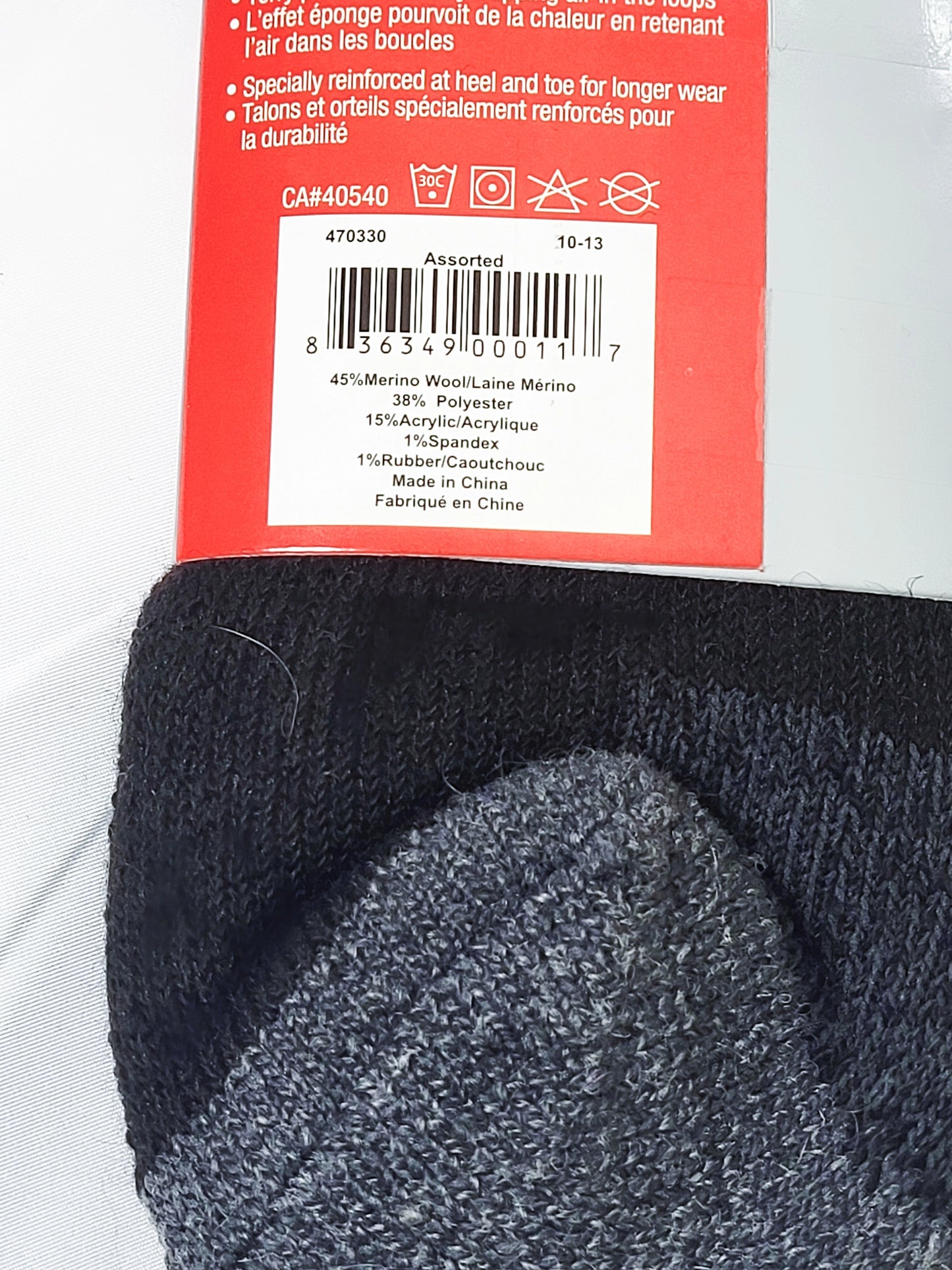 45% Merino Wool thermal sock assorted colors