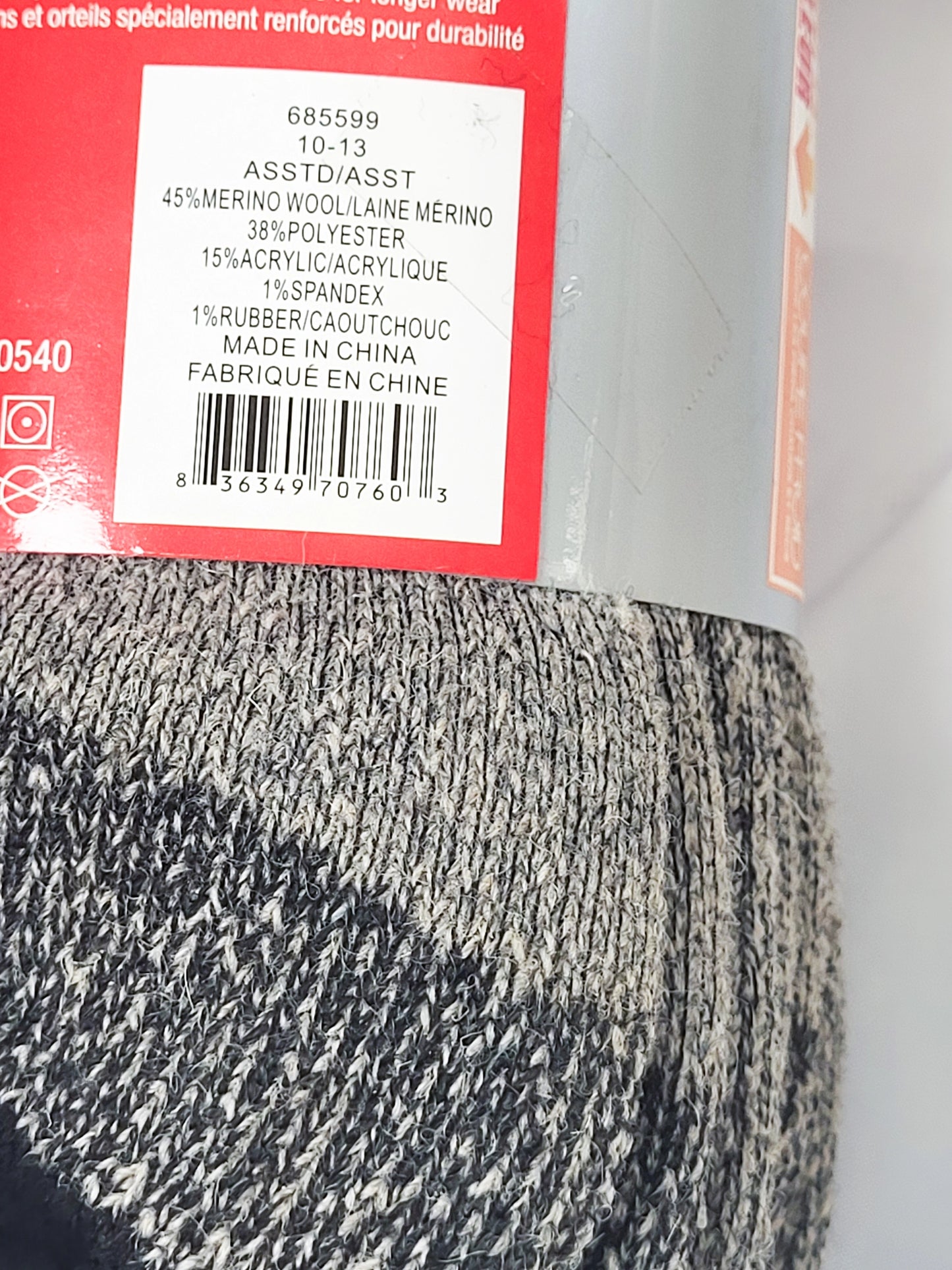 45% Merino Wool thermal sock, 2 pairs per pack assorted colors