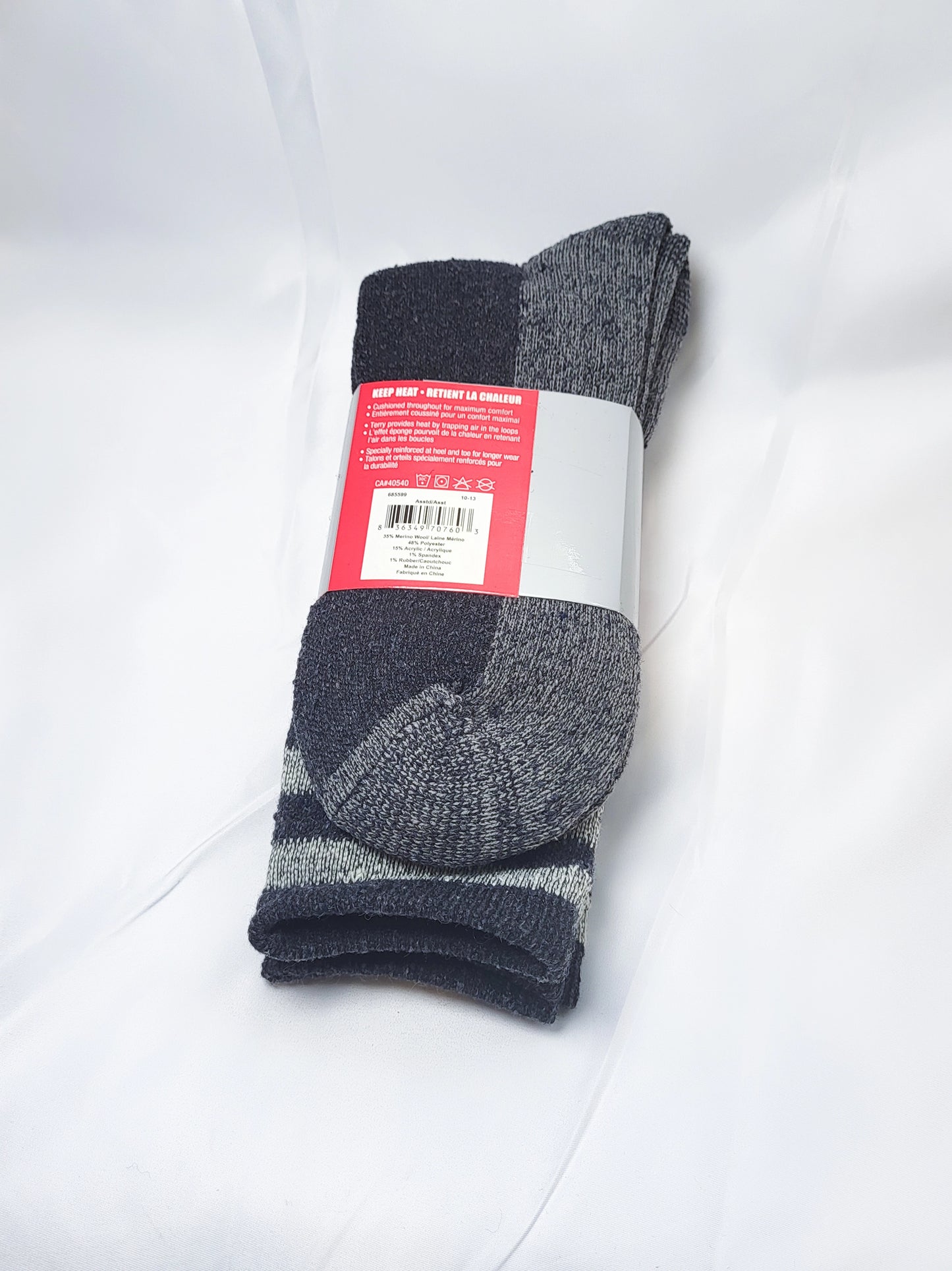 35% Merino Wool thermal sock, 2 pairs per pack assorted colors
