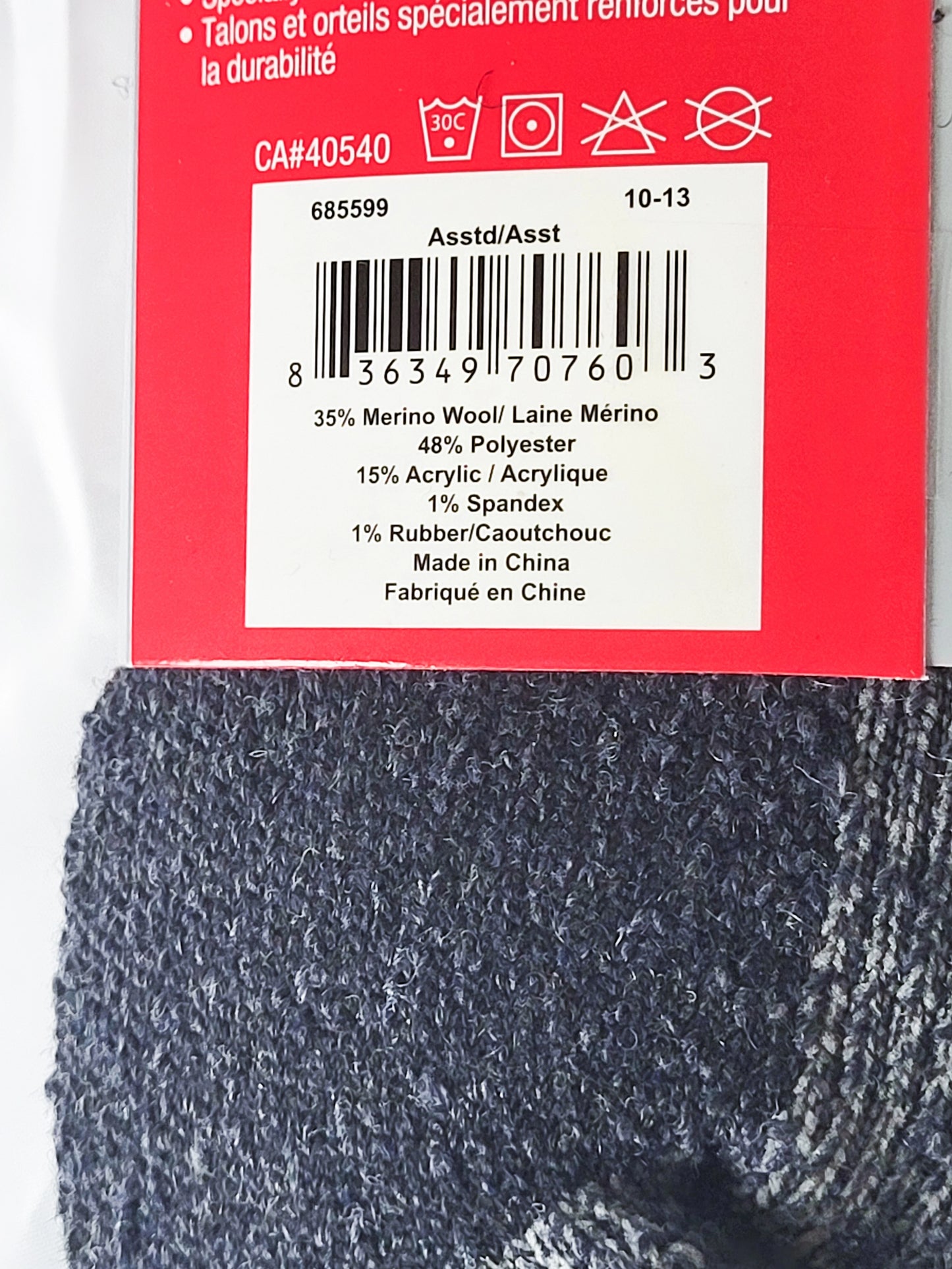 35% Merino Wool thermal sock, 2 pairs per pack assorted colors
