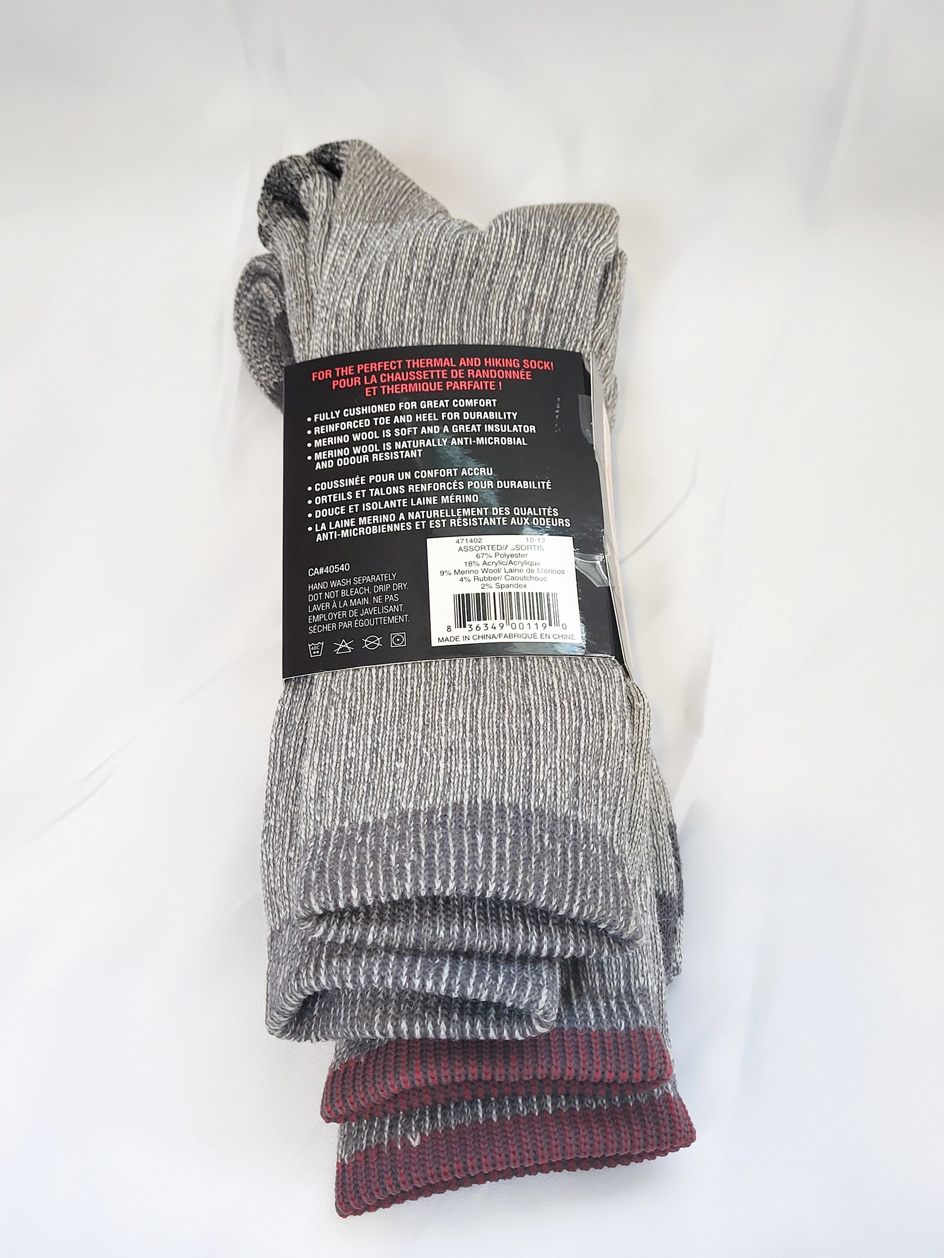 9% Merino Wool hiking sock, grey, 2 pairs per pack