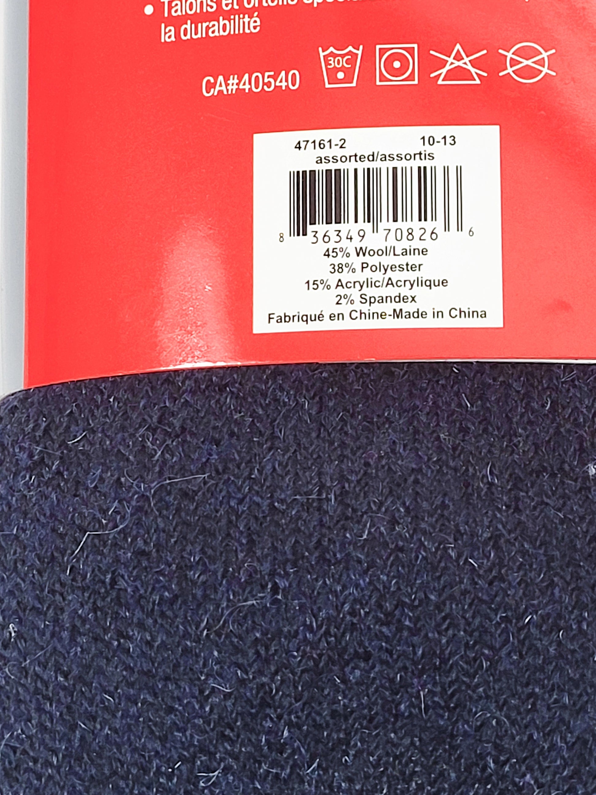45%  Wool thermal sock, 2 pairs per pack assorted colors