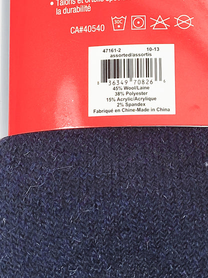 45%  Wool thermal sock, 2 pairs per pack assorted colors