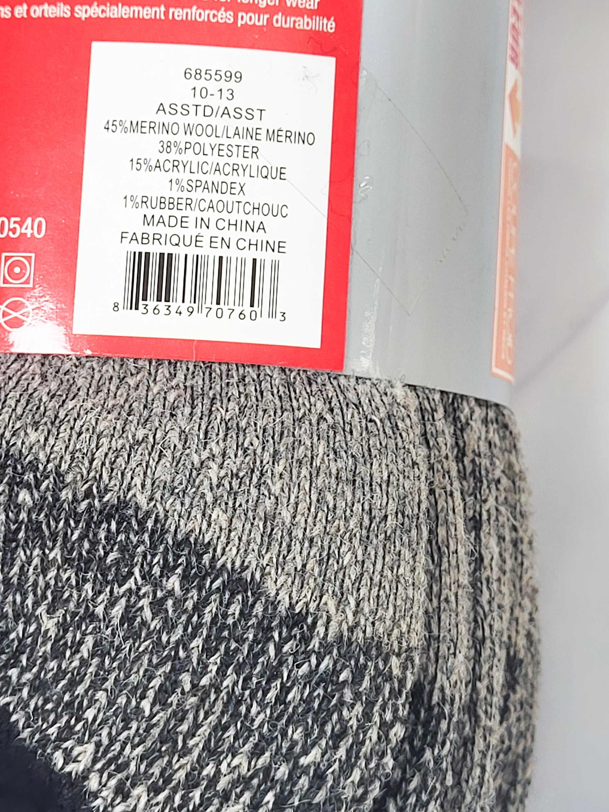 45% Merino Wool thermal sock, 2 pairs per pack assorted colors