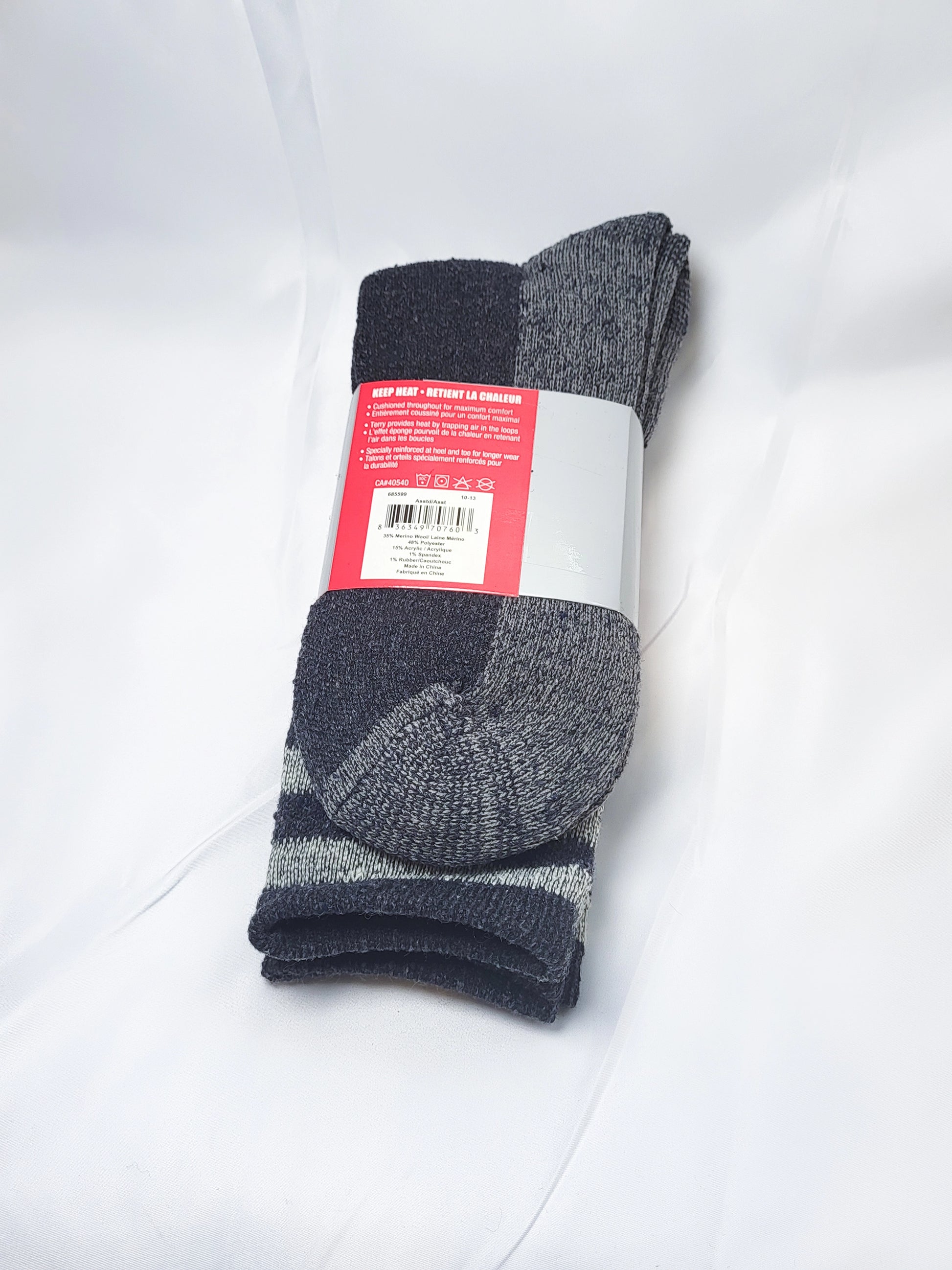 35% Merino Wool thermal sock, 2 pairs per pack assorted colors